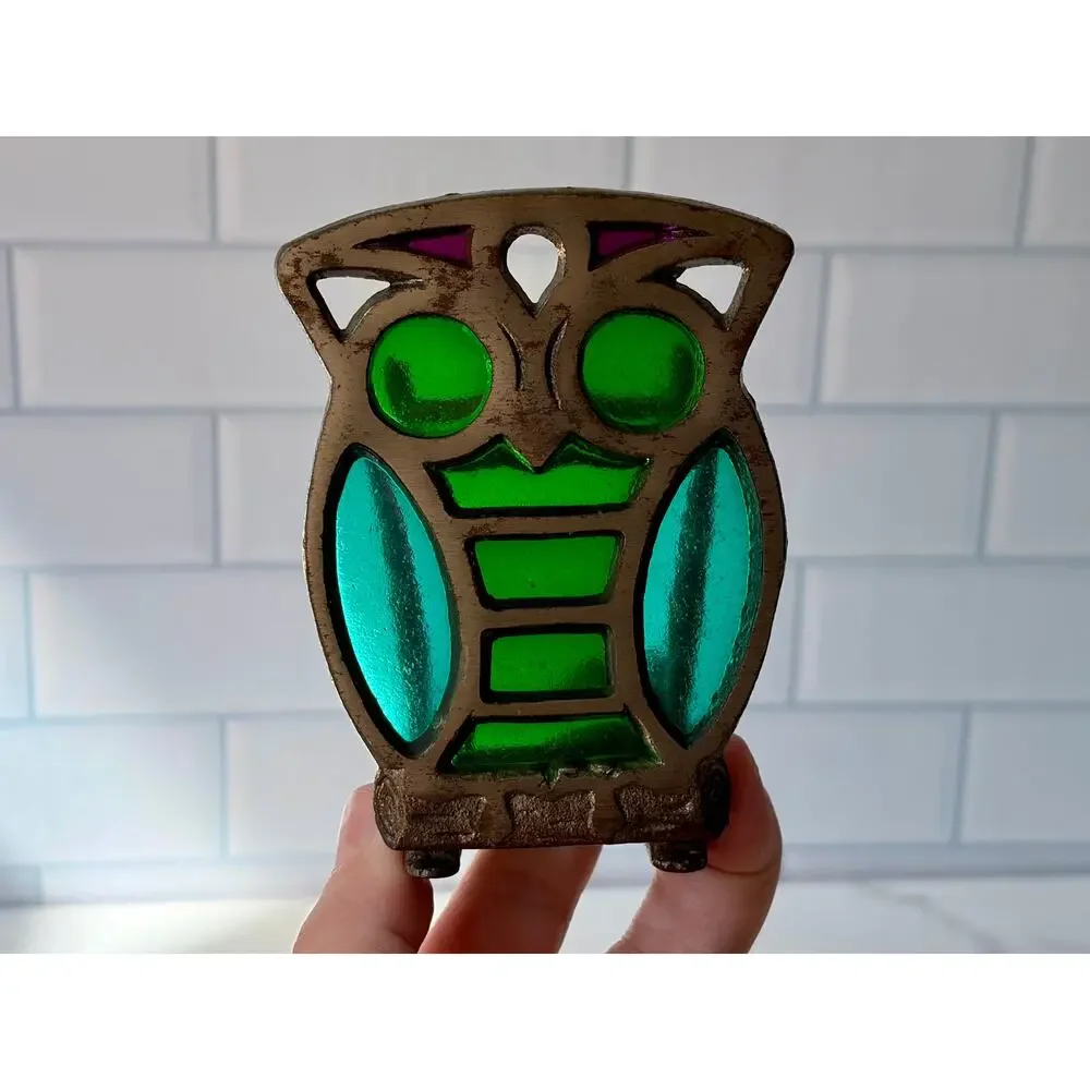 Vintage Cast Metal Owl Napkin Holder | Faux Stained Glass Adjustable Clamp